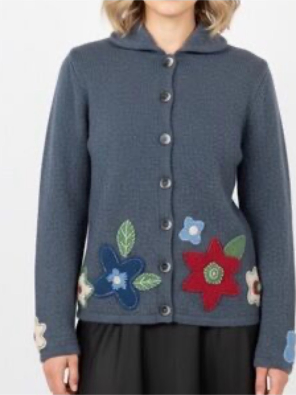 Boden Floral Felt Applique Button-Front Cardigan 100% Wool Sweater, Size 14